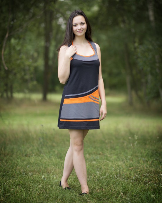 Šaty Antico - černé s šedou a oranžovou
