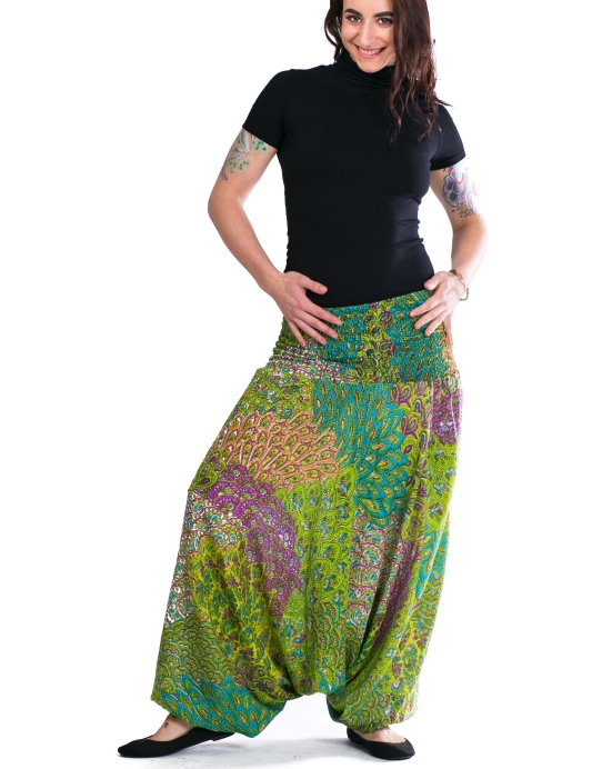 Kalhoty / šaty Aladin – zelená paví oka s tyrkysovou