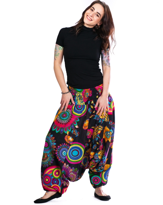 Kalhoty / šaty Aladin – černé s barevnými mandalami