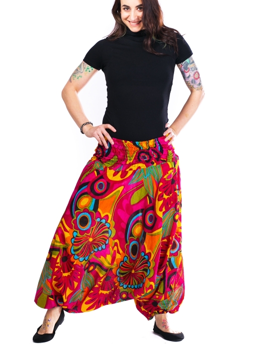 Kalhoty / šaty Aladin – růžové s barevnými květy