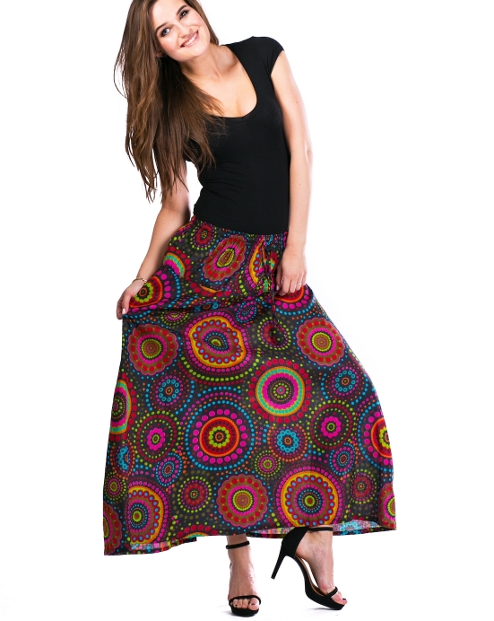 Maxi sukně Lana – černá s barevnými mandalami