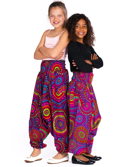 Dětské kalhoty Aladin – fialové s barevnými puntíky