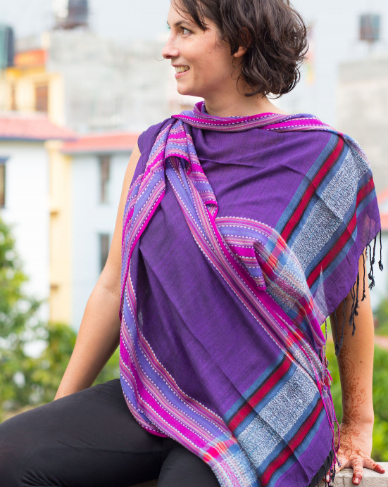 Šátek India – fialový s barevným okrajem