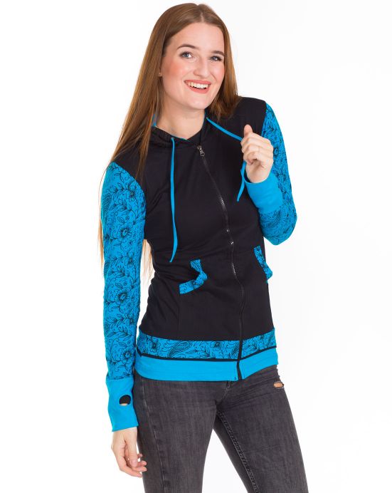 Mikina Hoodie – černá s tyrkysovými květy Mikina Hoodie – černá s tyrkysovými květy