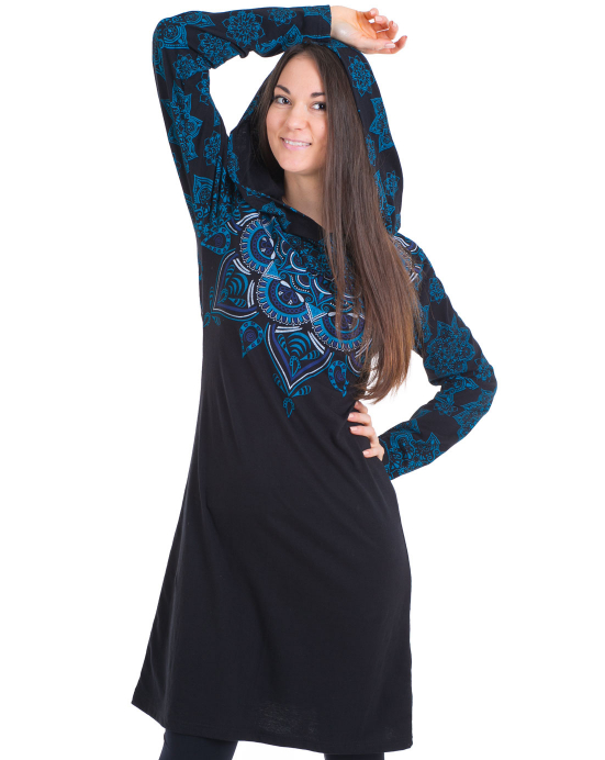 Šaty Manala – černé s modrým potiskem