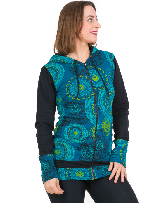 Mikina Hoodie – petrolejová s květy Mikina Hoodie – petrolejová s květy