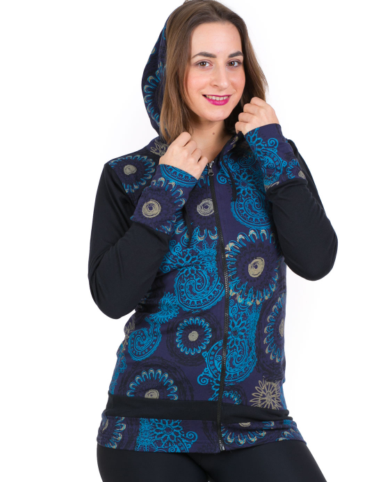 Mikina Hoodie – temně modrá s květy Mikina Hoodie – temně modrá s květy