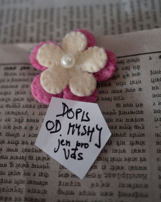 Brož - Květ s perlou + Dopis od Myshi – růžovo-bílá