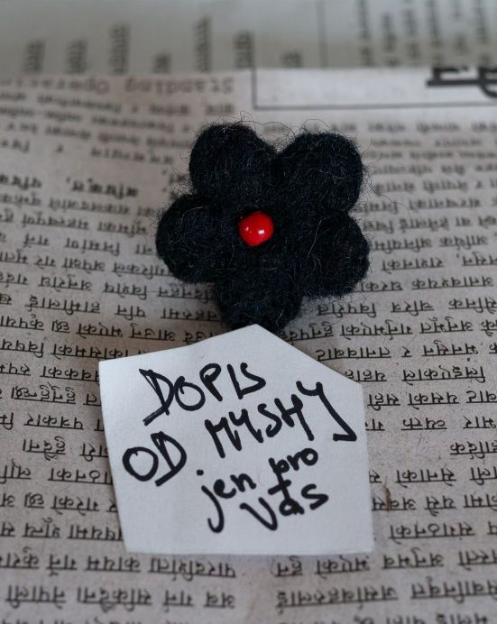 Brož - Květ s perlou + Dopis od Myshi – černá s červenou perlou